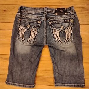 Miss Me Blue Denim Bermuda Shorts with Wing Design